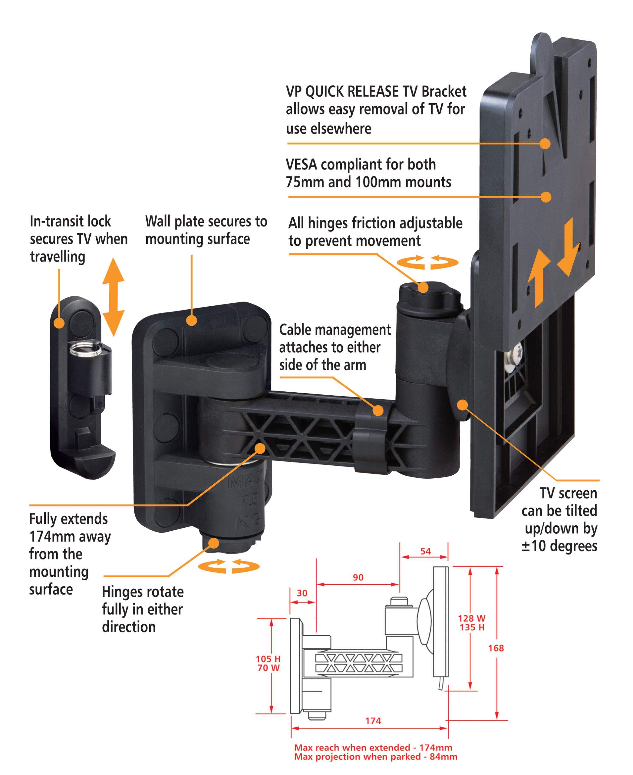 VP TV Wall Bracket - SINGLE Arm Quick Release - Image 2