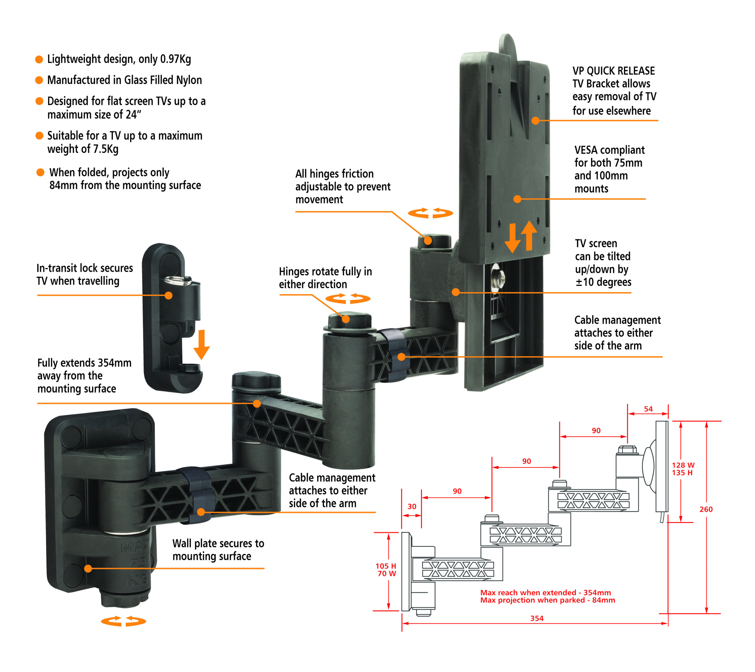 VP TV Wall Bracket - TRIPLE Arm Quick Release - Image 3